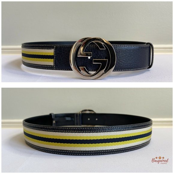 Authentic GUCCI Web Canvas Leather Gold Interlocking G Buckle Belt 85/34 - Picture 5 of 13